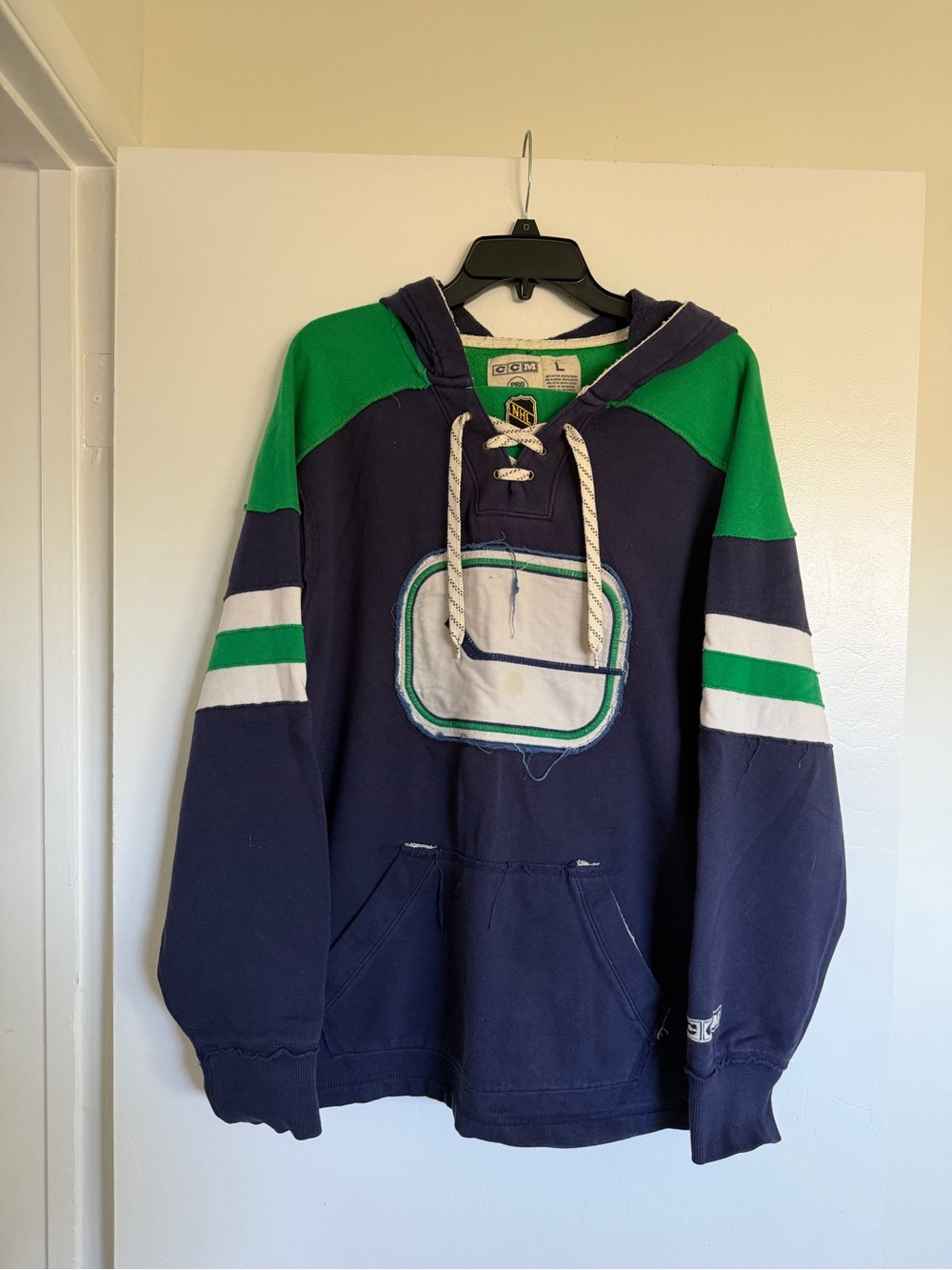 CCM Navy and Green Lace-Up Hooded Hockey Sweatshirt